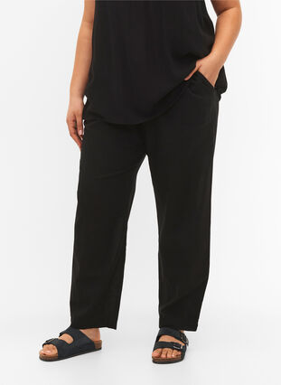Pantalon en coton uni avec du lin, Black, Model image number 2