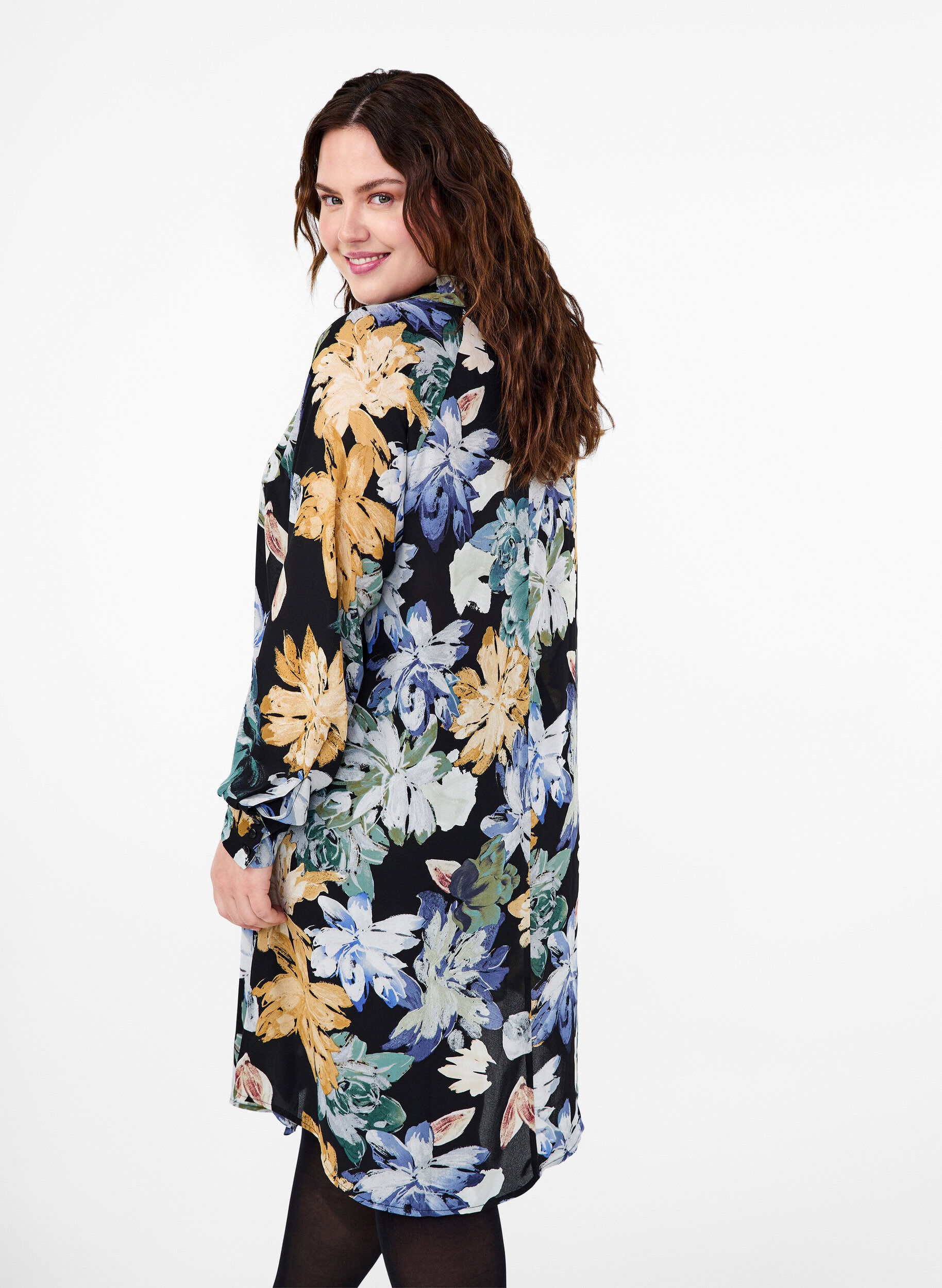 Zizzi Robe &agrave; manches longues avec imprim&eacute; floral, Yellow Flower AOP, Model image number 1