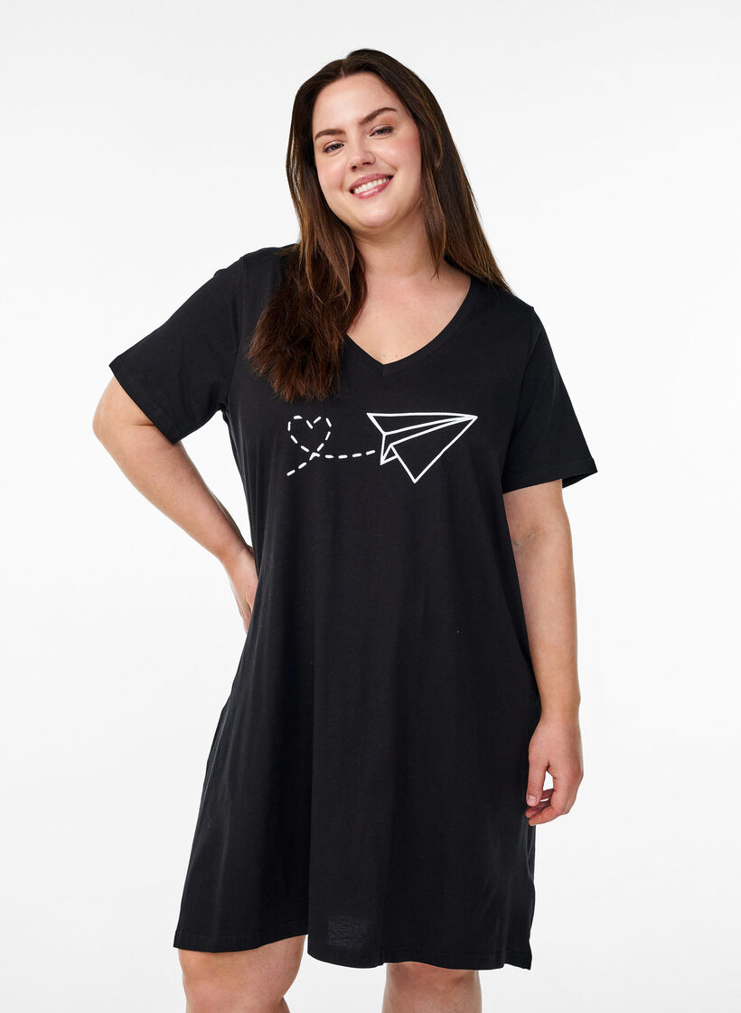 Chemise de nuit en coton biologique et &agrave; col en V, , Model image number 0