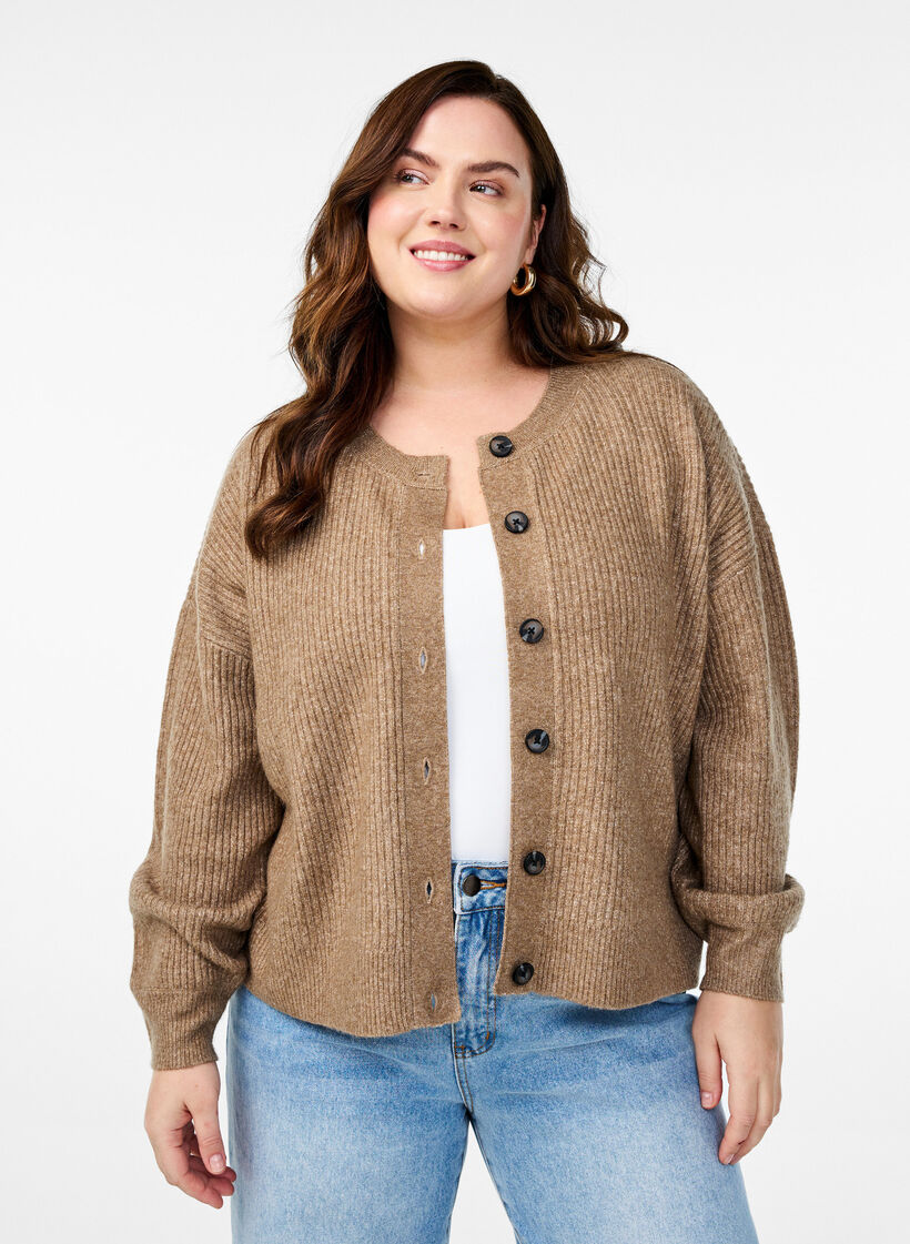 Cardigan en tricot c&ocirc;tel&eacute; avec boutons, Marron, Model image number 0