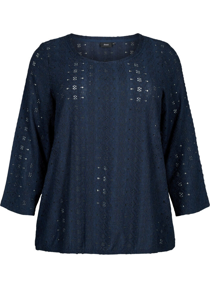 Blouse avec broderie anglaise et manches 7/8, Navy Blazer, Packshot image number 0