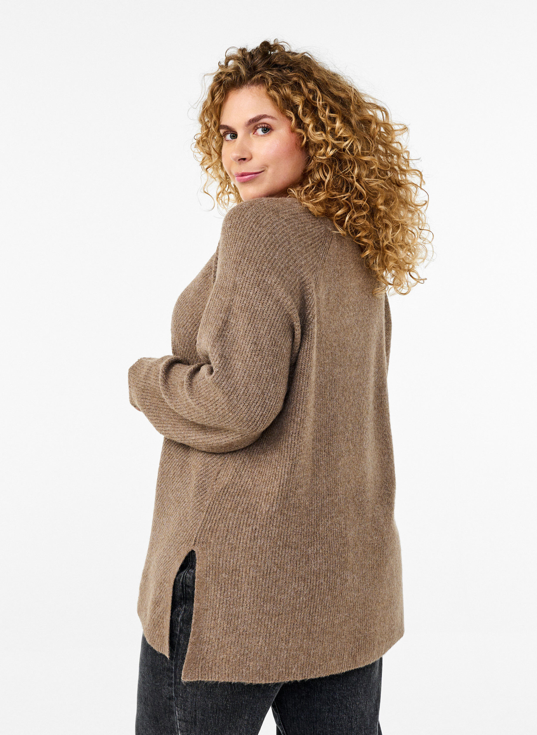 Zizzi Chemisier en maille avec col rond, Fossil Mel., Model image number 1