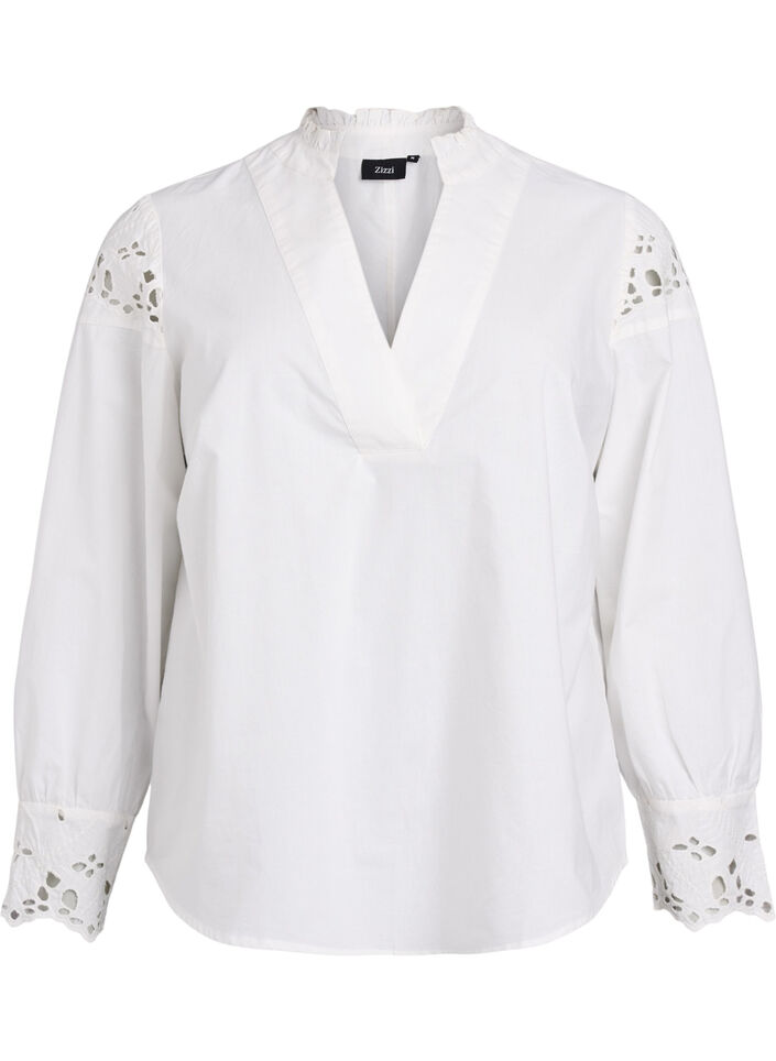 Blouse avec col en V et détails en broderie anglaise, Blanc, Packshot
