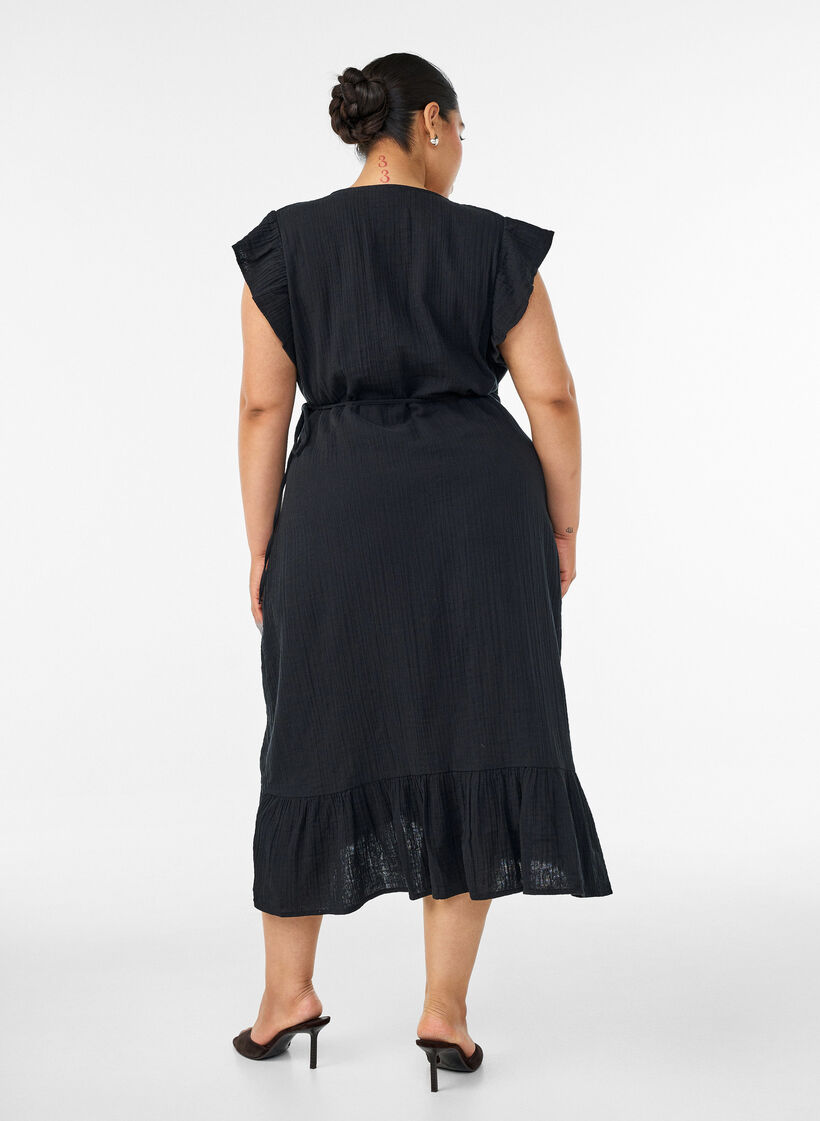 Robe portefeuille en mousseline de coton avec volants, Noir, Model image number 1