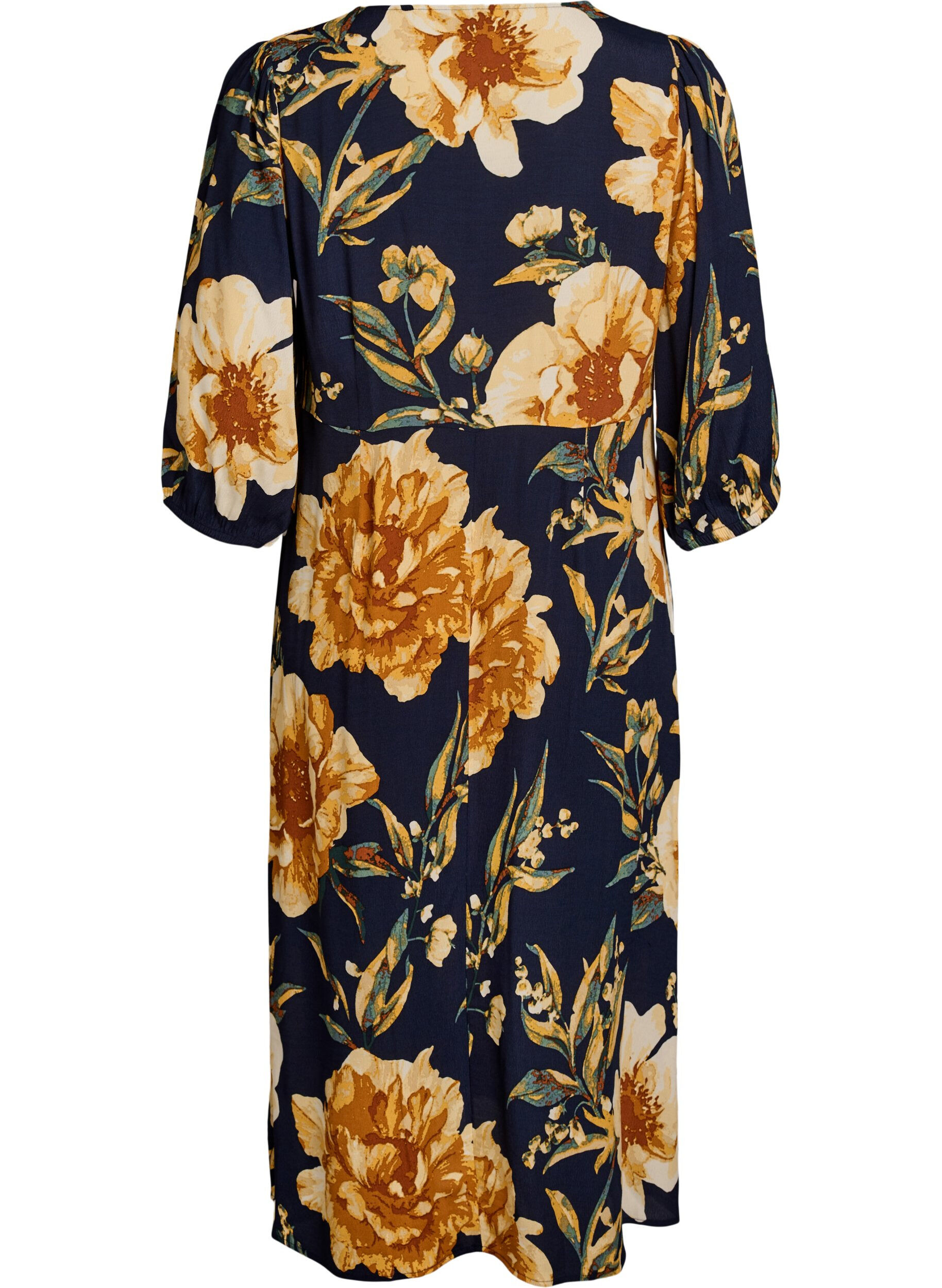 Zizzi Robe mi-longue avec imprim&eacute; floral et manches 3/4, Bleu, Packshot image number 1