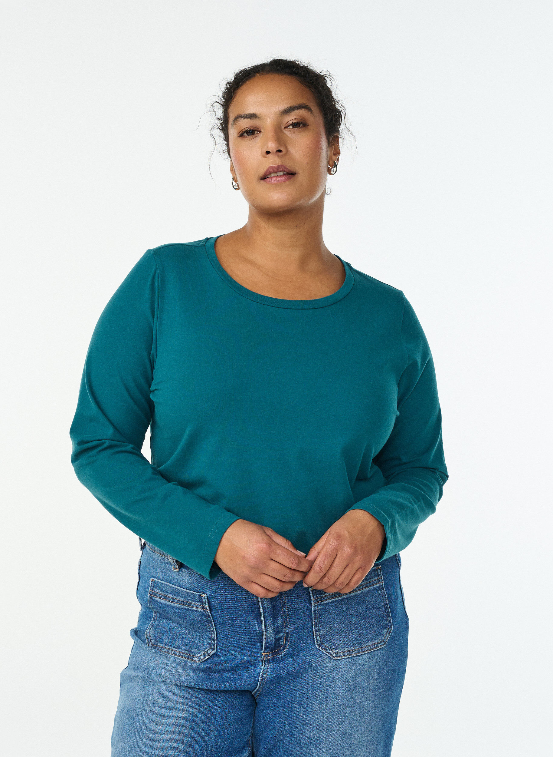 Top basic en jersey avec manches longues, Vert fonc&eacute;, Model