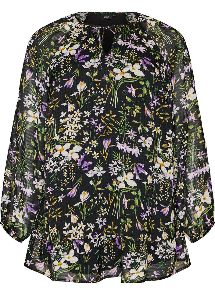 Tunique imprim&eacute;e florale en coupe A, Noir, Packshot image number 0