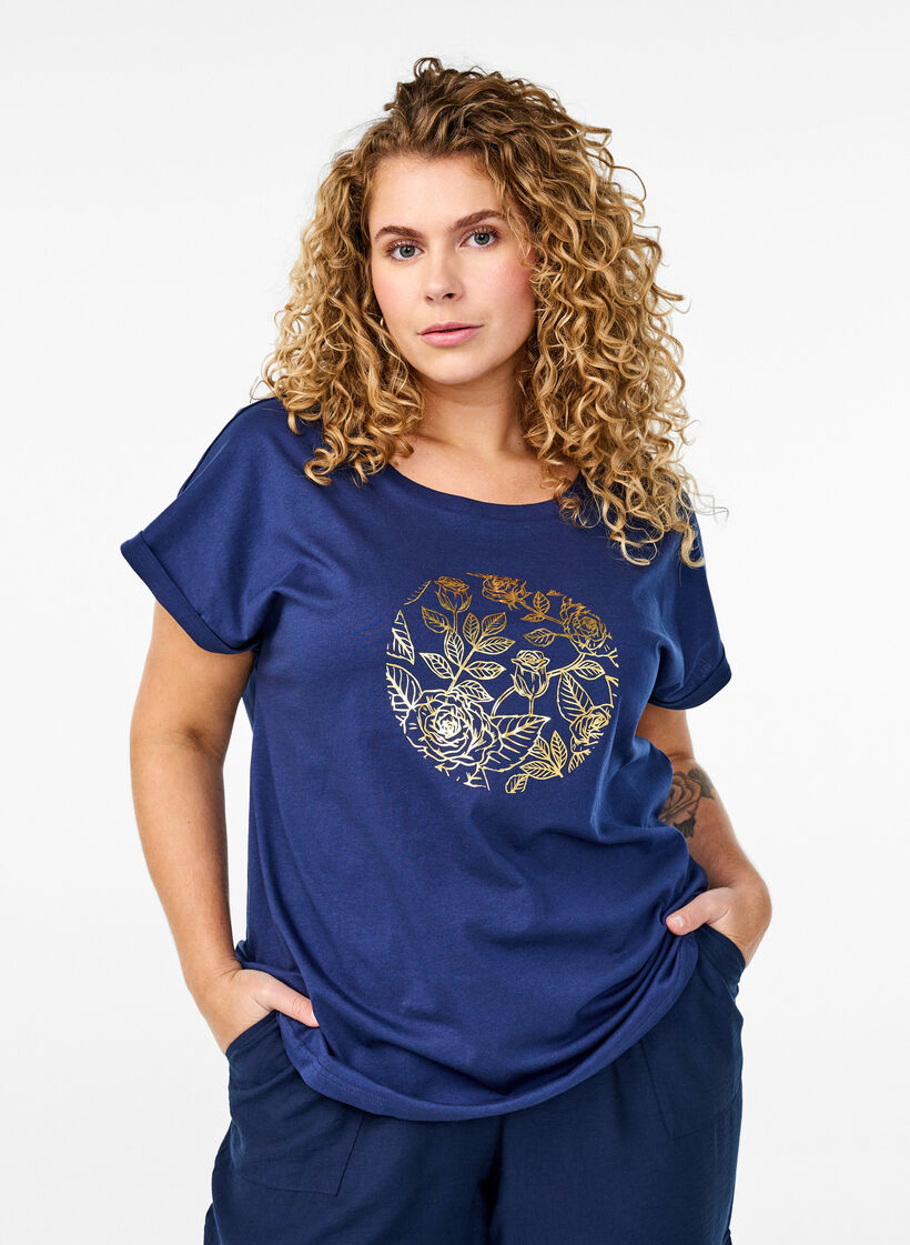 T-shirt à imprimé floral doré, Naval A. Gold Rose, Model image number 0