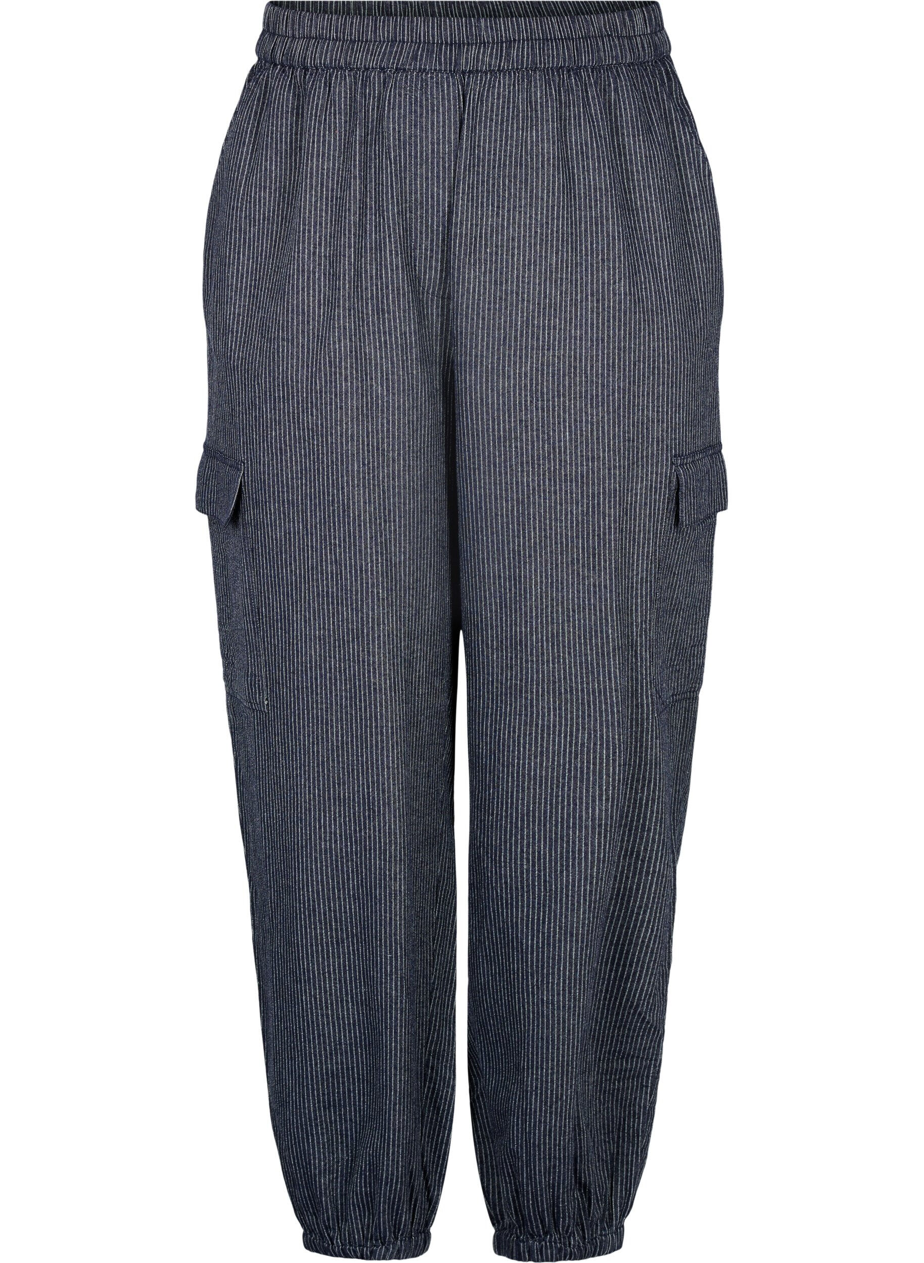 Zizzi Pantalon cargo en coton ray&eacute;, Dark Blue Stripe, Packshot image number 0