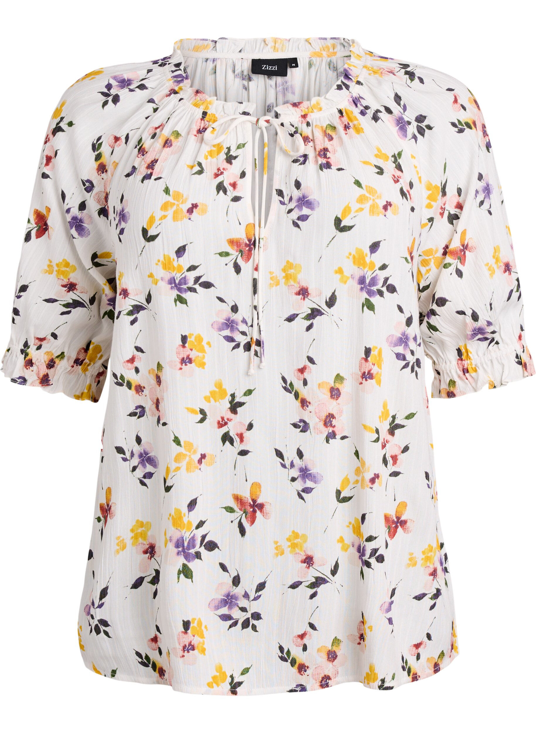 Zizzi Blouse en viscose &agrave; fleurs avec manches mi-longues, Blanc, Packshot image number 0