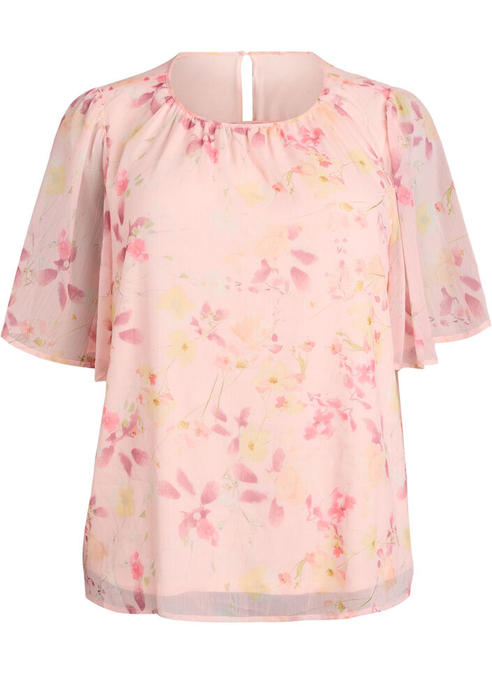 Blouse &agrave; imprim&eacute; floral et manches vaporeuses, Orange clair, Packshot image number 0