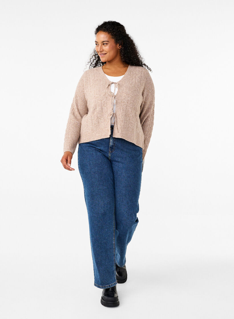 Cardigan en maille avec lien à nouer, Simply Taupe Mel., Model image number 2