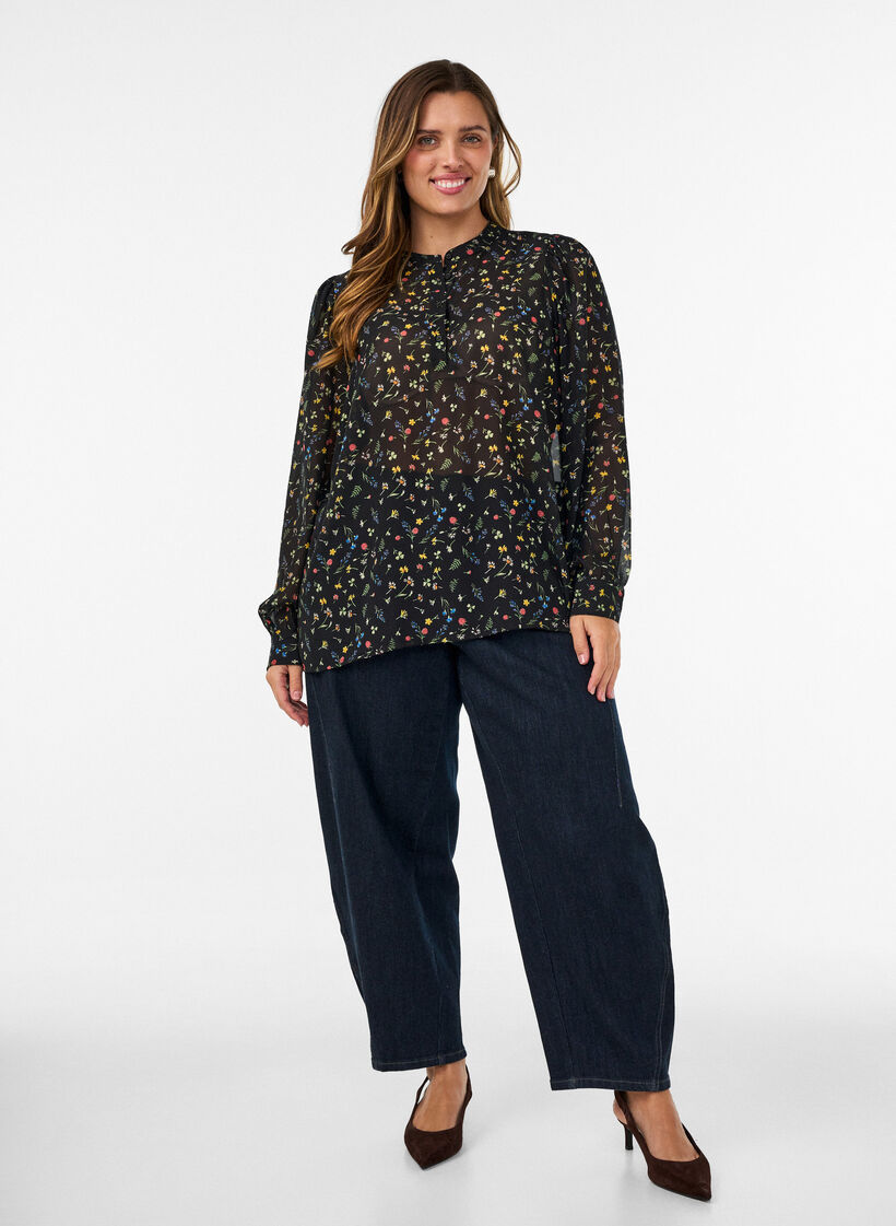 Blouse avec imprim&eacute; int&eacute;gral et patte de boutonnage courte, Noir, Model image number 1