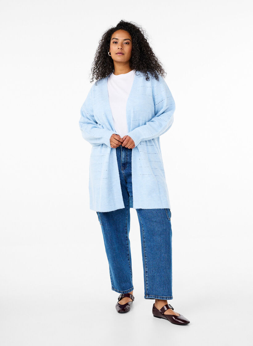Cardigan long en tricot avec un motif en dentelle, Cashmere Blue Mel., Model image number 2