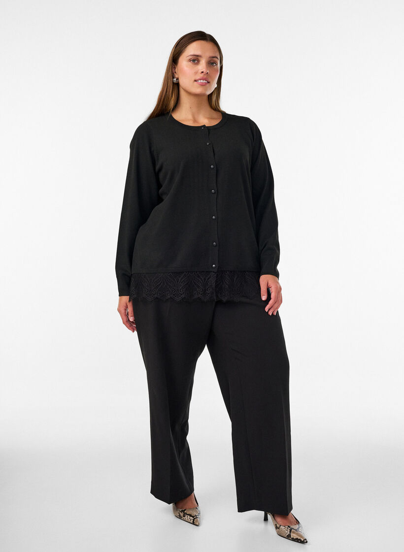 Cardigan avec large ourlet en dentelle, Noir, Model image number 1