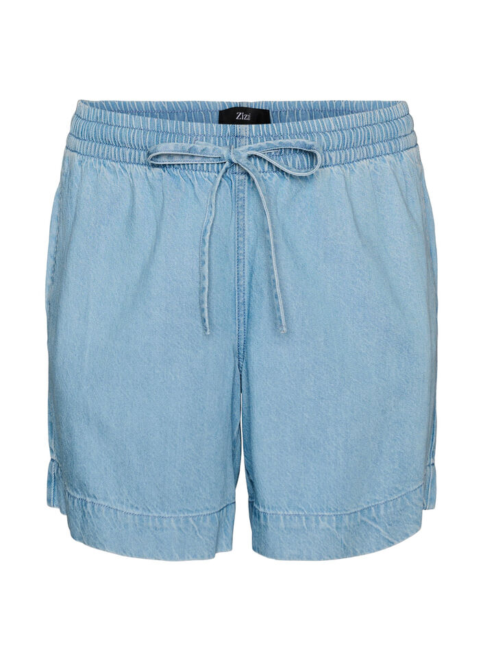 Short aspect denim avec taille &eacute;lastiqu&eacute;e et cordon de serrage, Bleu Clair, Packshot image number 0