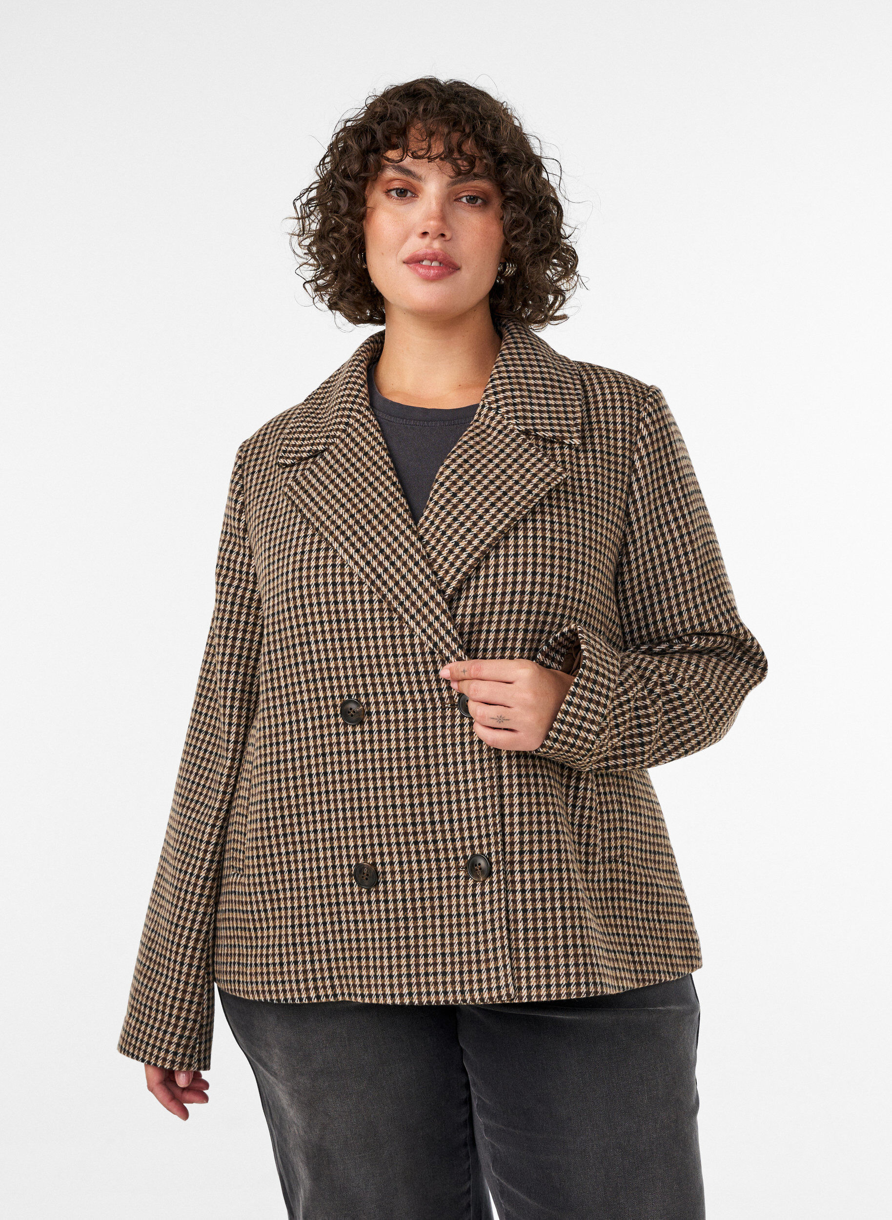 Manteau court &agrave; carreaux &agrave; double boutonnage, Marron, Model