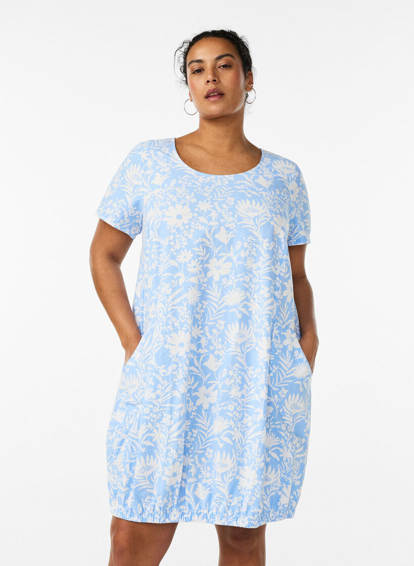Robe en coton &agrave; manches courtes avec imprim&eacute;, Vanille, Model image number 0