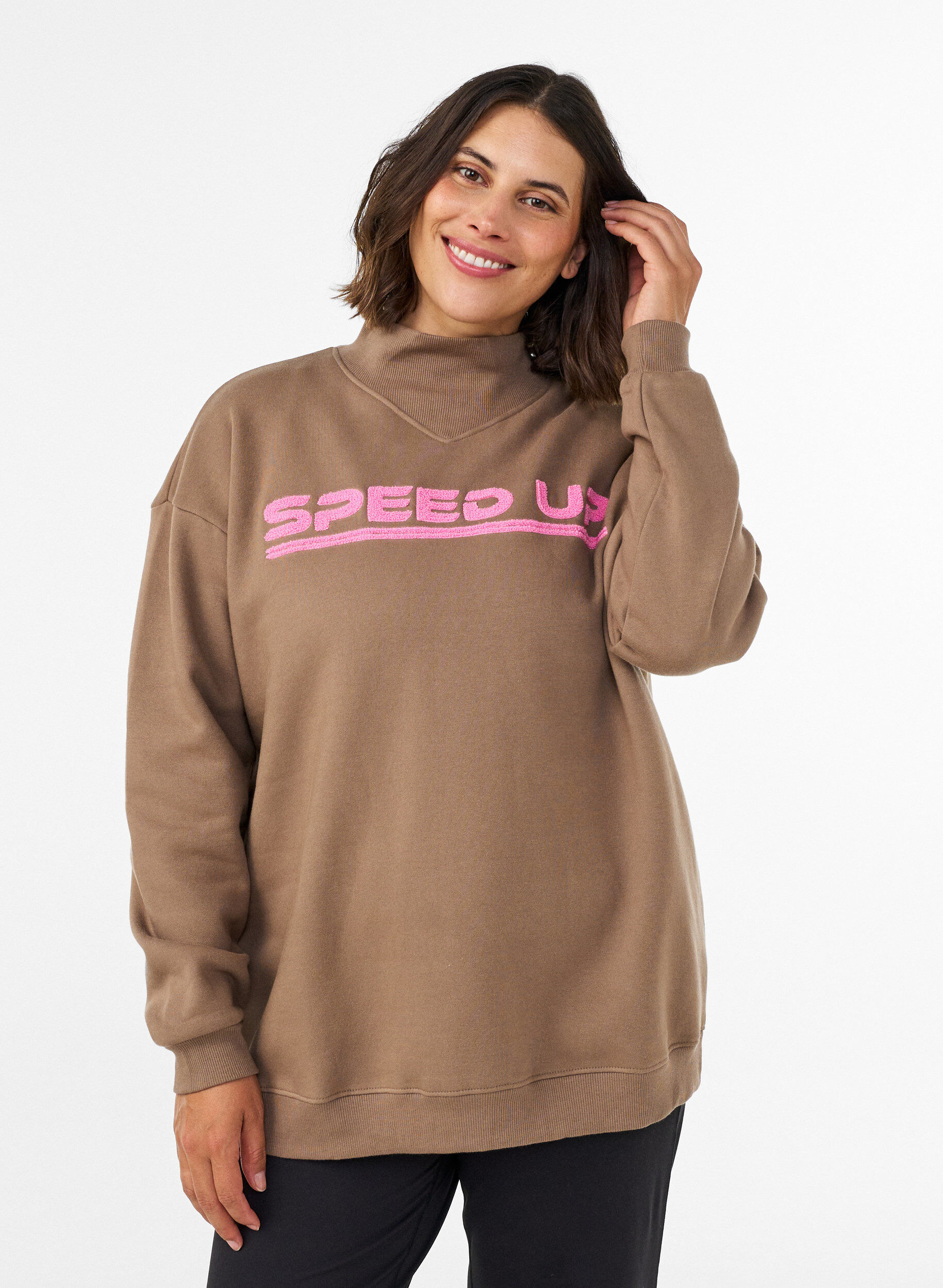 Sweatshirt avec col montant et motif sportif sur le devant, Marron, Model