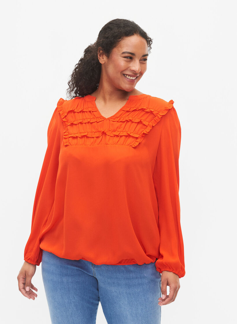 Blouse à manches longues avec des détails froncés., Orange.com, Model image number 0