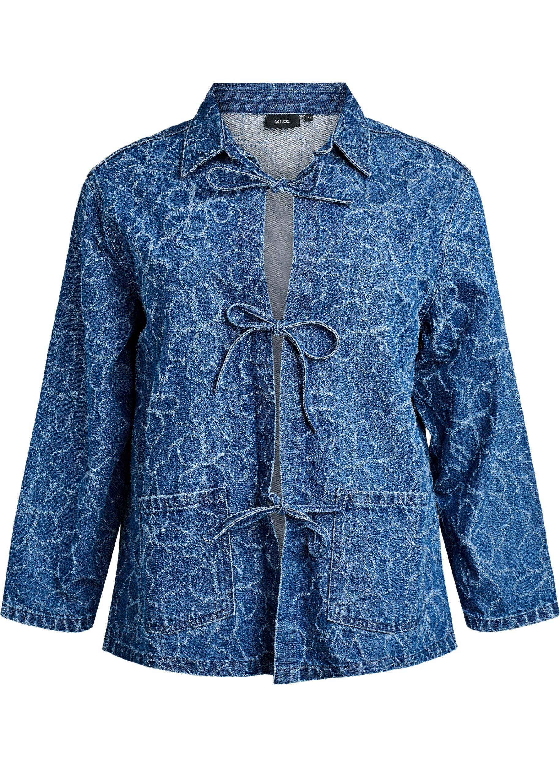 Zizzi Veste en jean avec n&oelig;ud de fermeture et poches, Blue Denim Destroy, Packshot image number 0