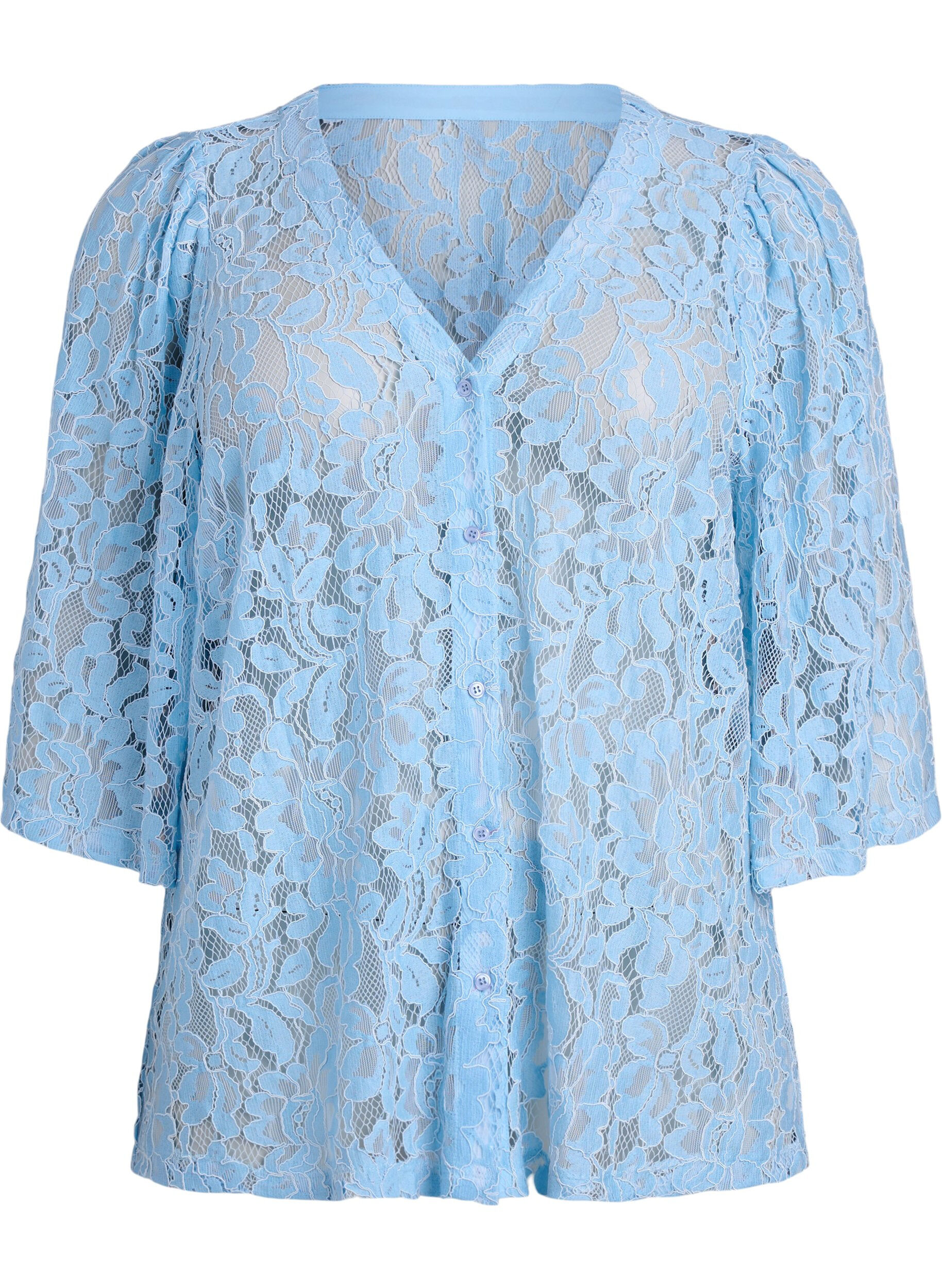 Zizzi Blouse en dentelle &agrave; manches courtes et col V, Bleu, Packshot image number 0