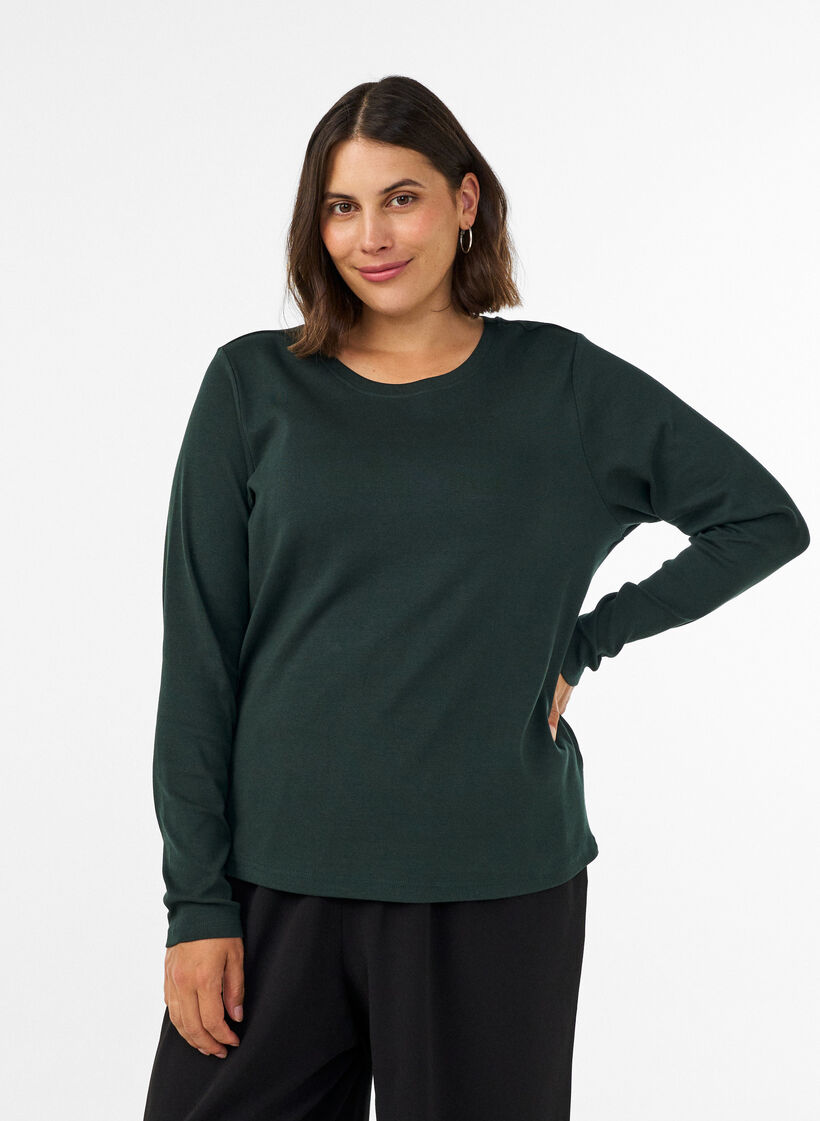 T-shirt basique &agrave; manches longues et col rond, Vert fonc&eacute;, Model image number 0