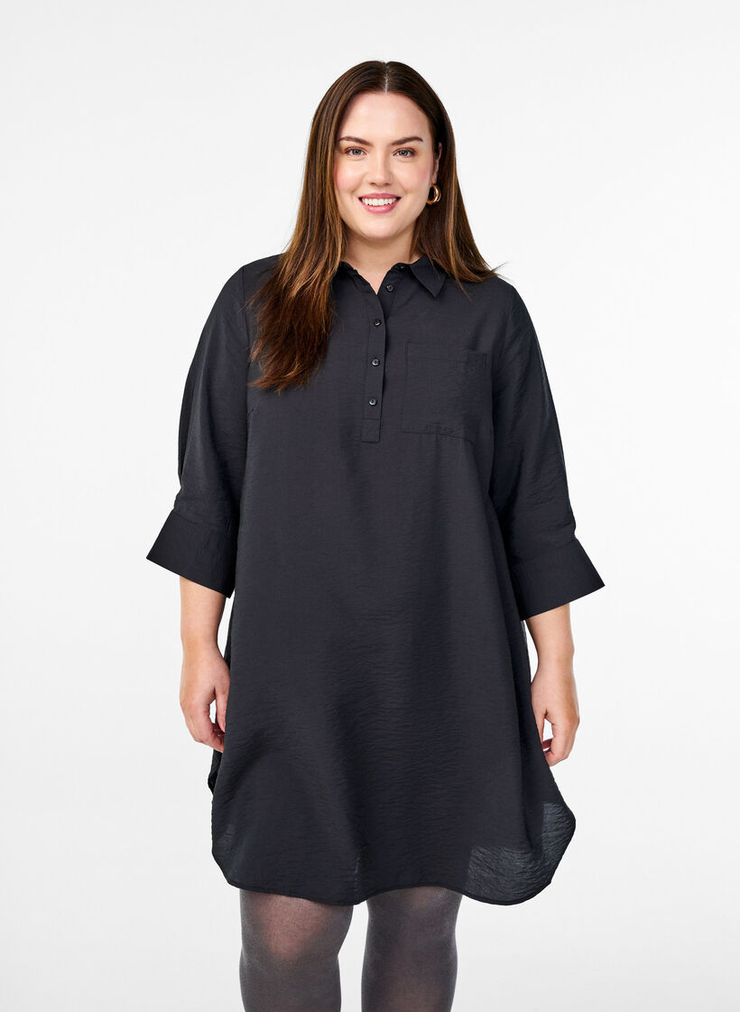 Robe courte avec col et poche poitrine, Noir, Model image number 0