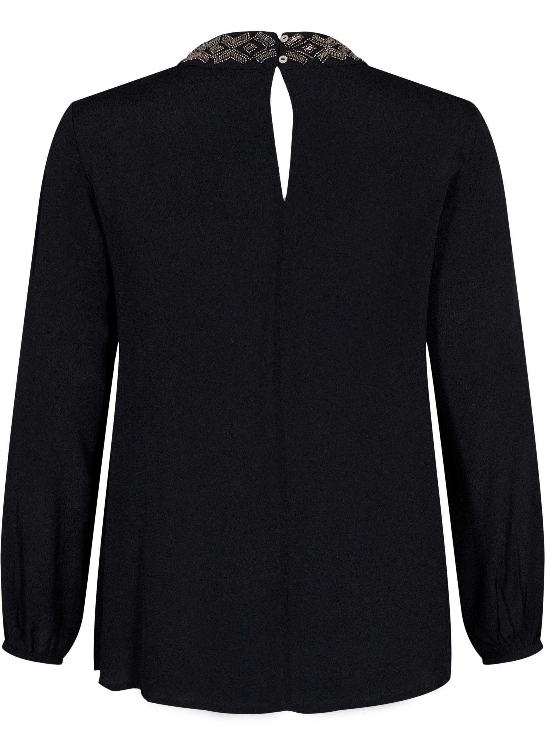 Zizzi Blouse &agrave; manches longues en viscose avec perles, Black, Packshot image number 1