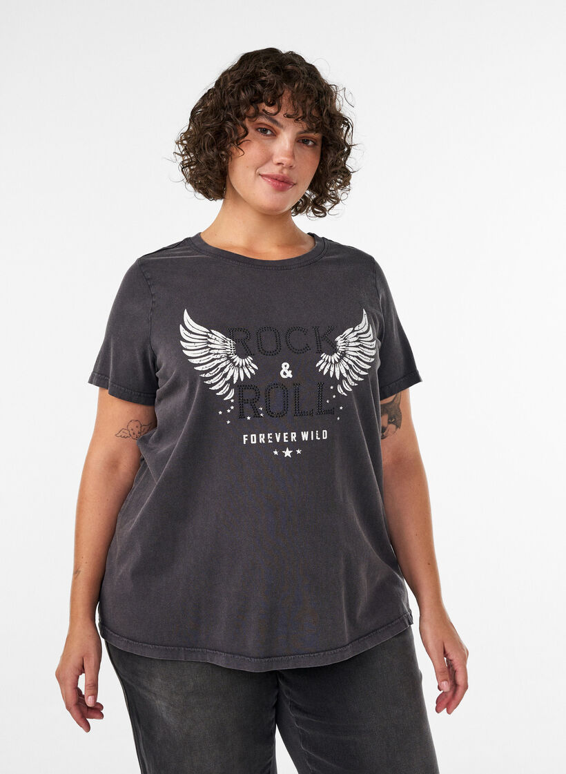 T-shirt en coton bio avec imprim&eacute;, Noir, Model image number 0