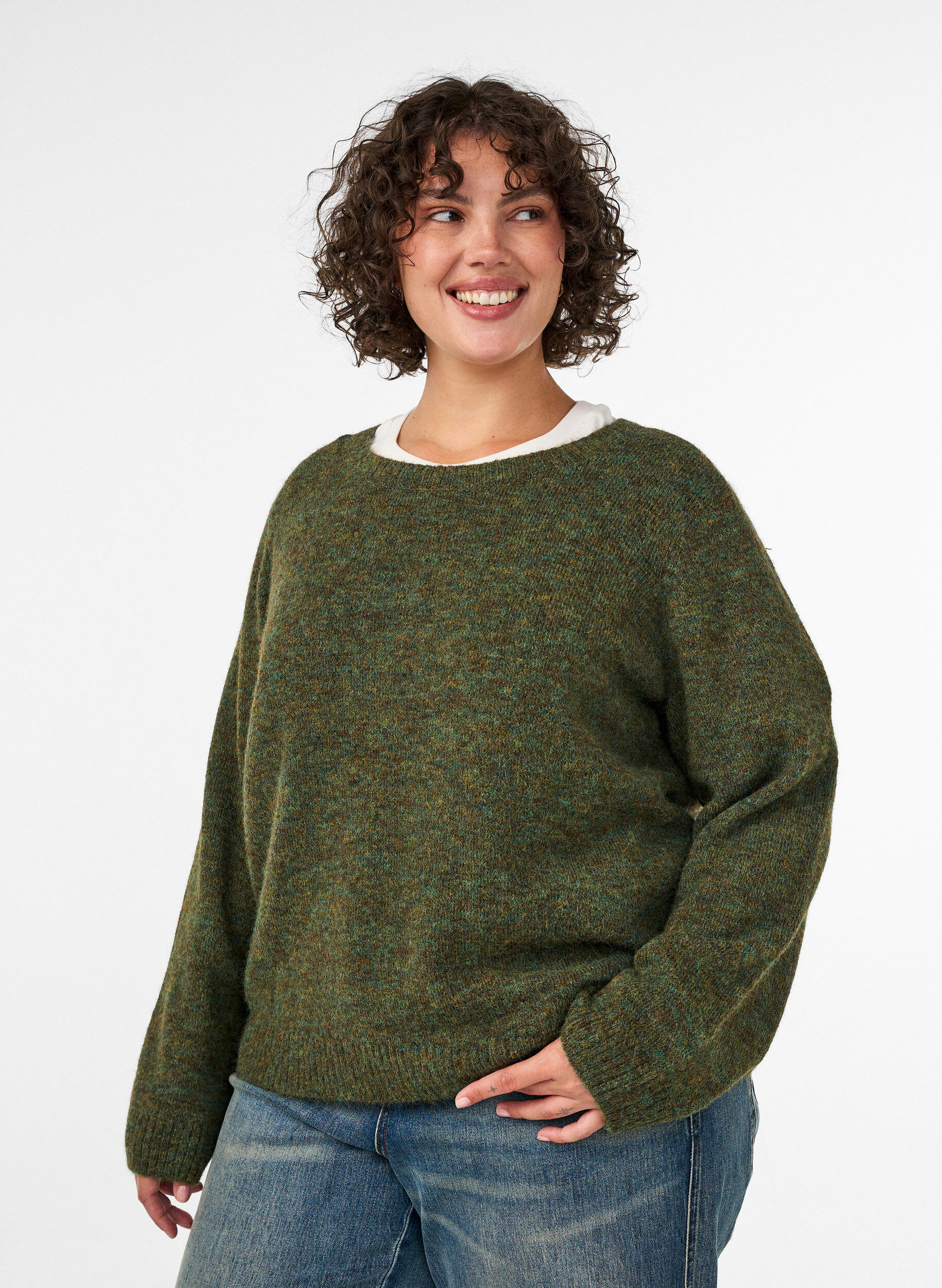 Pull ample &agrave; col rond, Vert fonc&eacute;, Model
