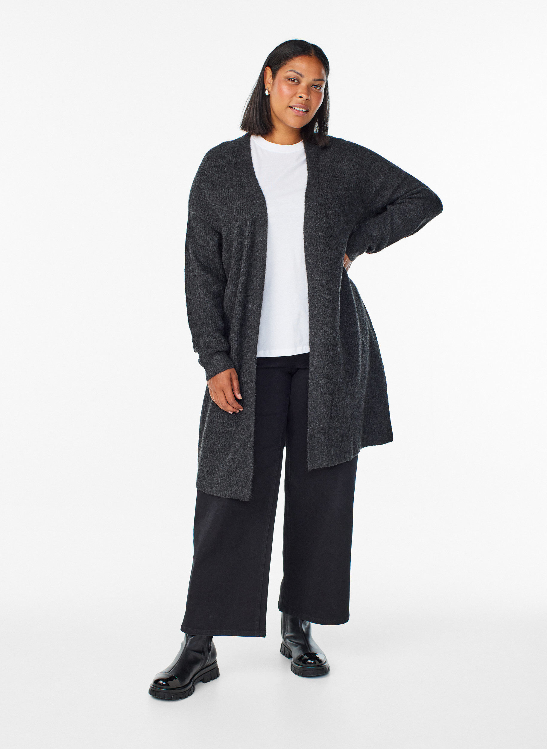 Zizzi FLASH - Cardigan long c&ocirc;tel&eacute; sans fermeture, Gris anthracite, Model image number 1