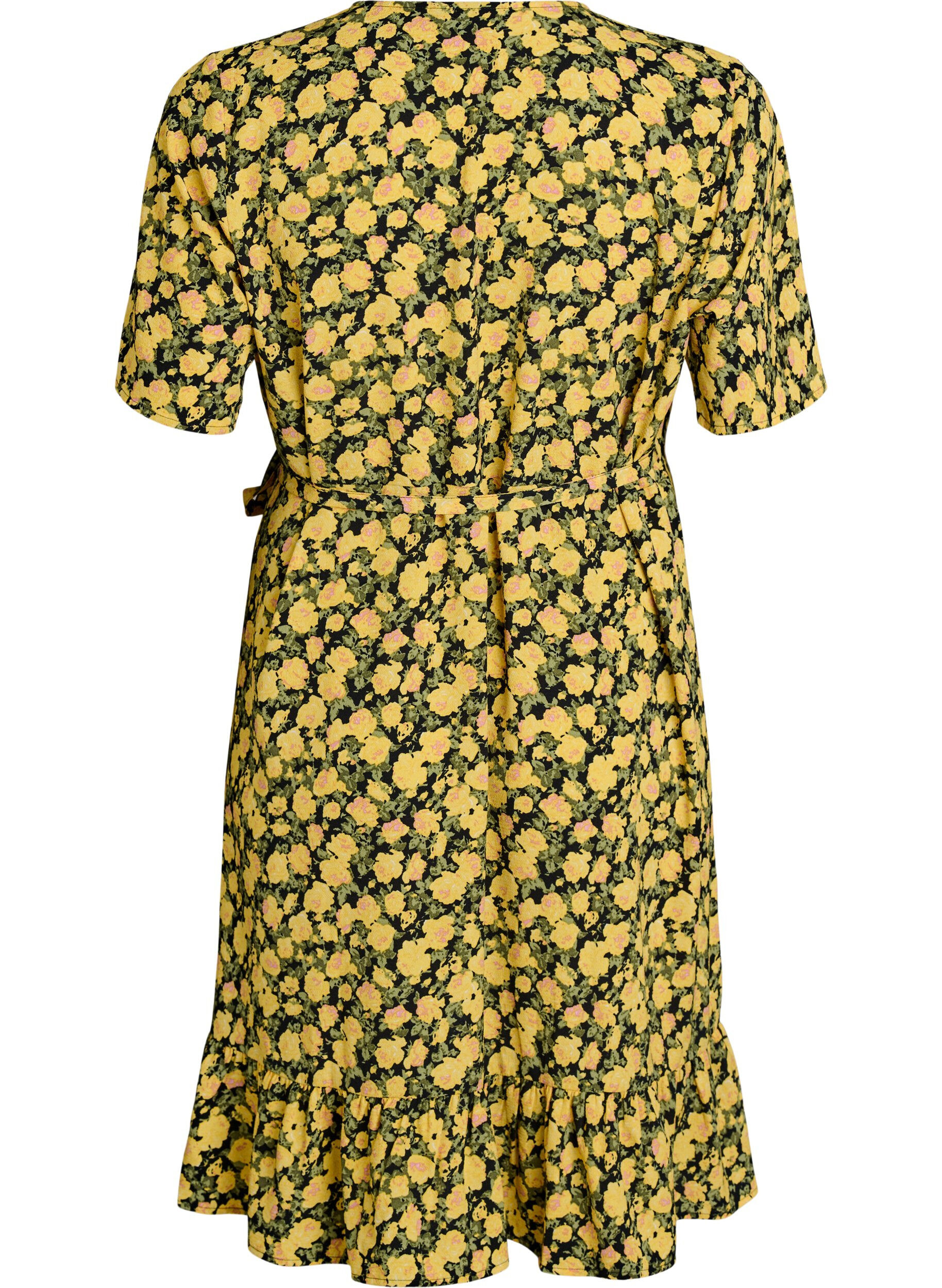 Zizzi Robe portefeuille &agrave; fleurs et manches courtes, Jaune, Packshot image number 1