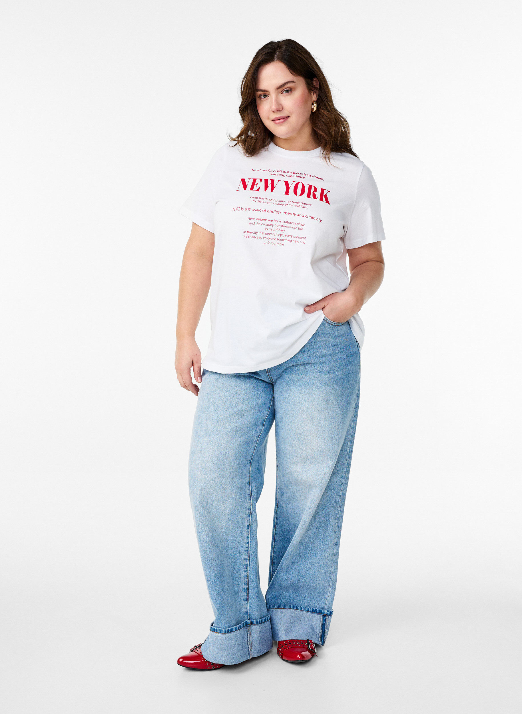ZizziT-shirt avec imprim&eacute; de texte et col rond, Blanc, Model image number 1