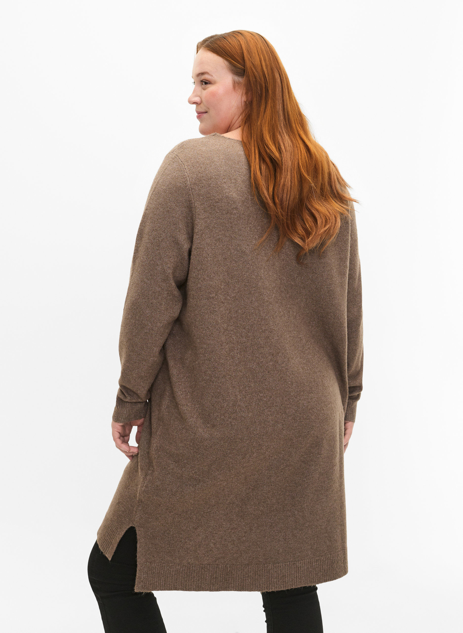Zizzi Robe en tricot avec fente, Walnut/White, Model image number 1