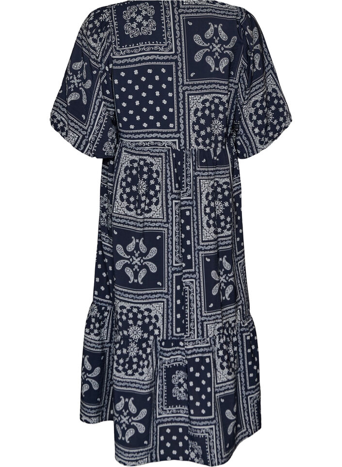 Robe longue en viscose avec un imprim&eacute; cachemire et des manches courtes, Bleu, Packshot image number 1