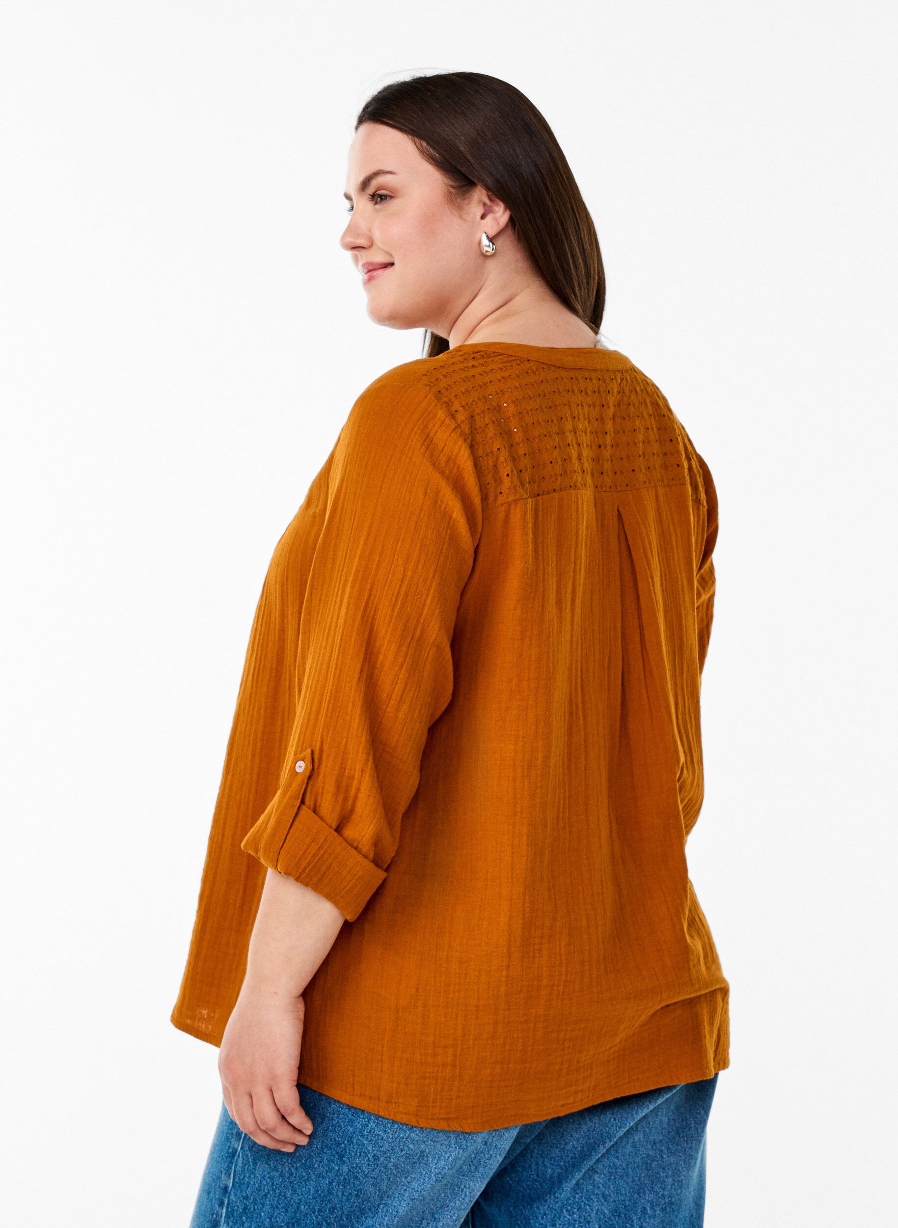 Zizzi Blouse en mousseline de coton avec broderie anglaise, Orange, Model image number 2