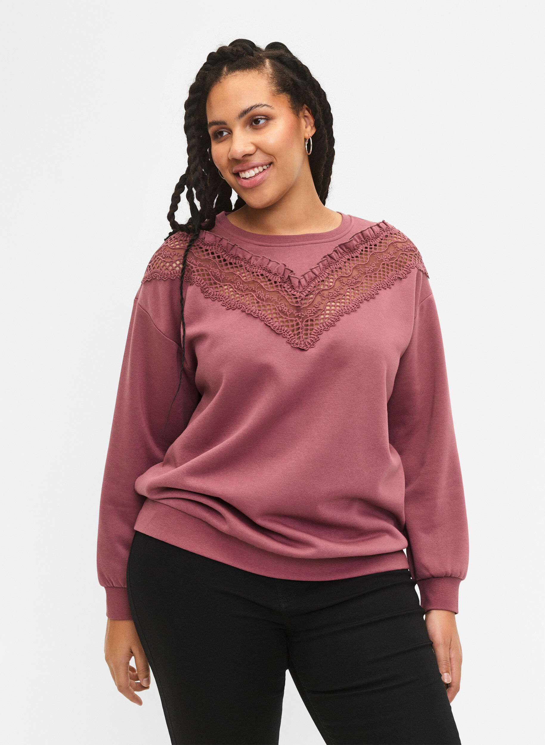 Zizzi Sweatshirt avec volants et d&eacute;tail de crochet, Rose Brown, Model image number 0