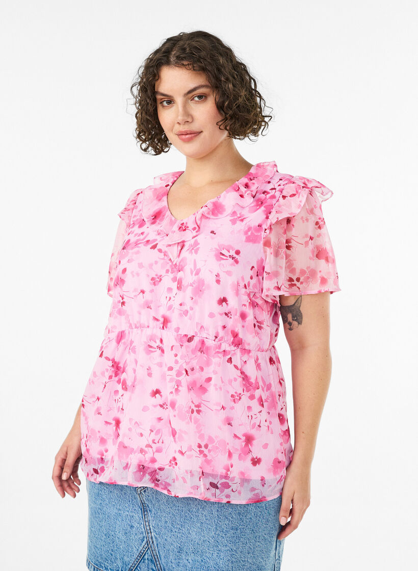 Blouse fleurie avec col &agrave; volants et effet peplum, Rose, Model image number 0
