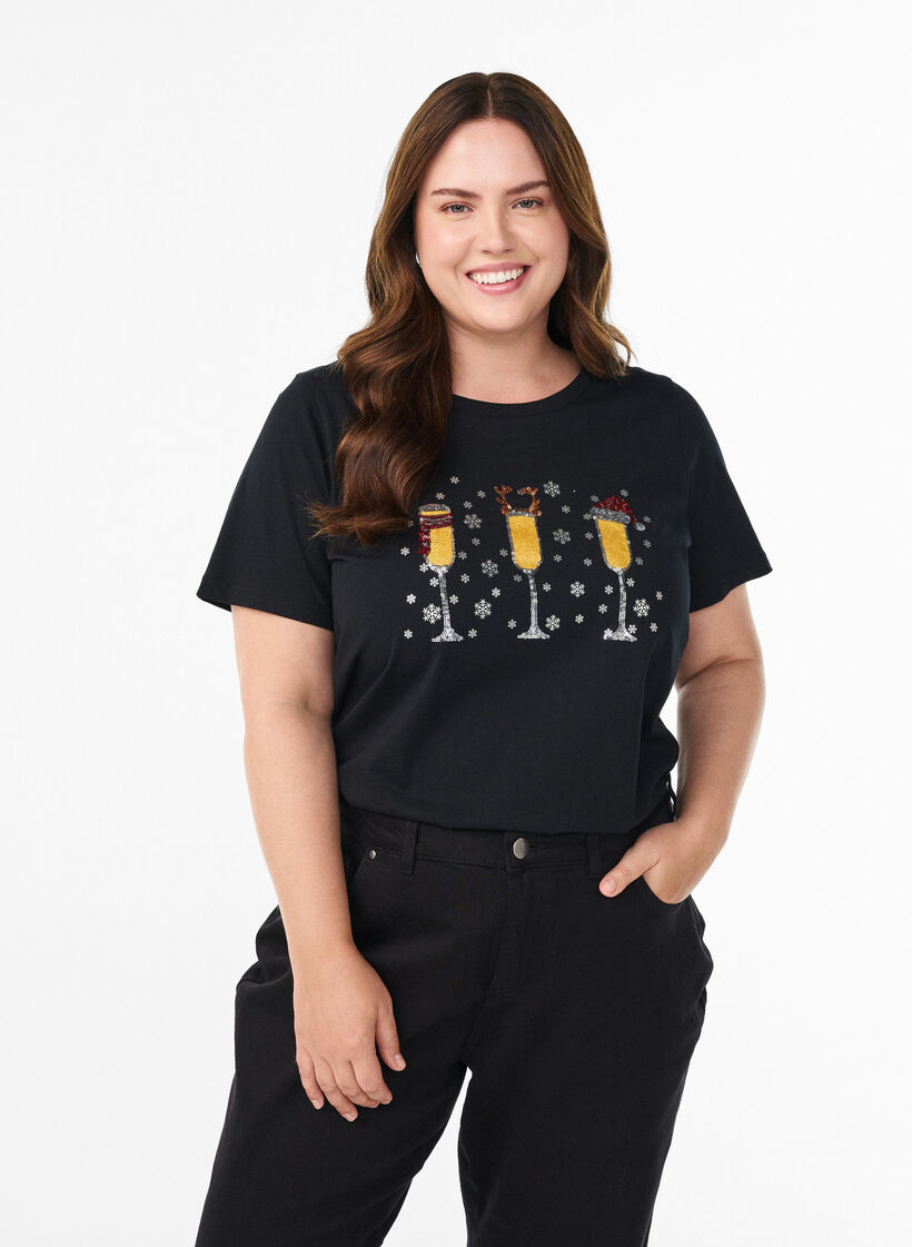 T-shirt de No&euml;l en coton bio, Noir, Model image number 0