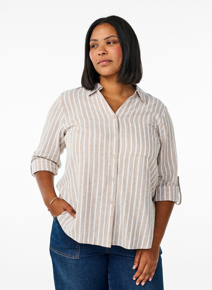Chemise en lin et viscose avec manches 3/4, Beige, Model image number 0