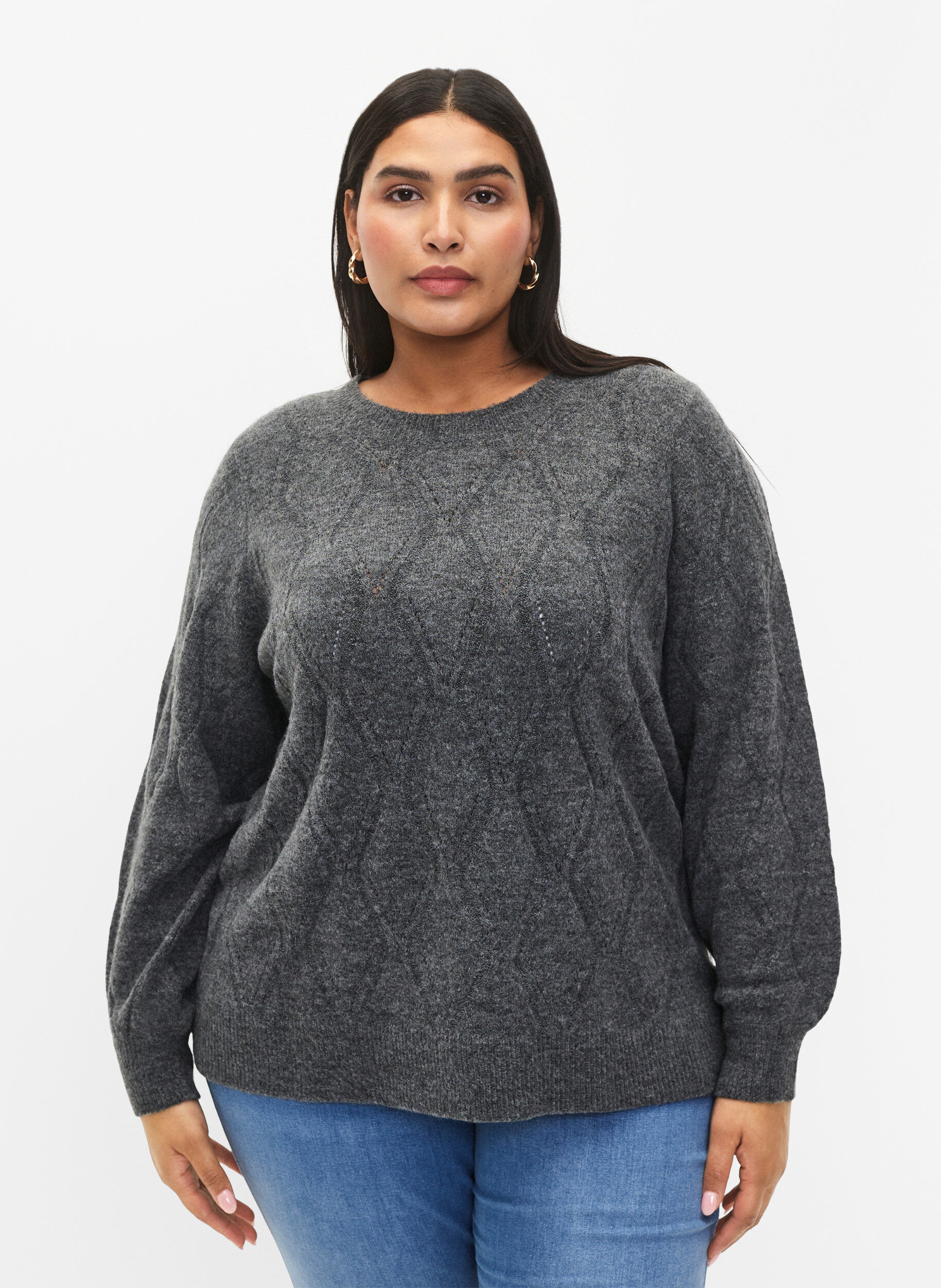 Zizzi Pull en tricot avec motif &agrave; trous, Dark Grey Melange, Model image number 0
