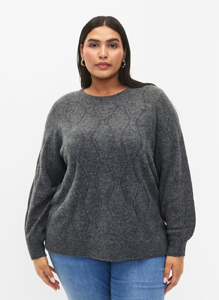 Pull en tricot avec motif à trous, Dark Grey Melange, Model image number 0
