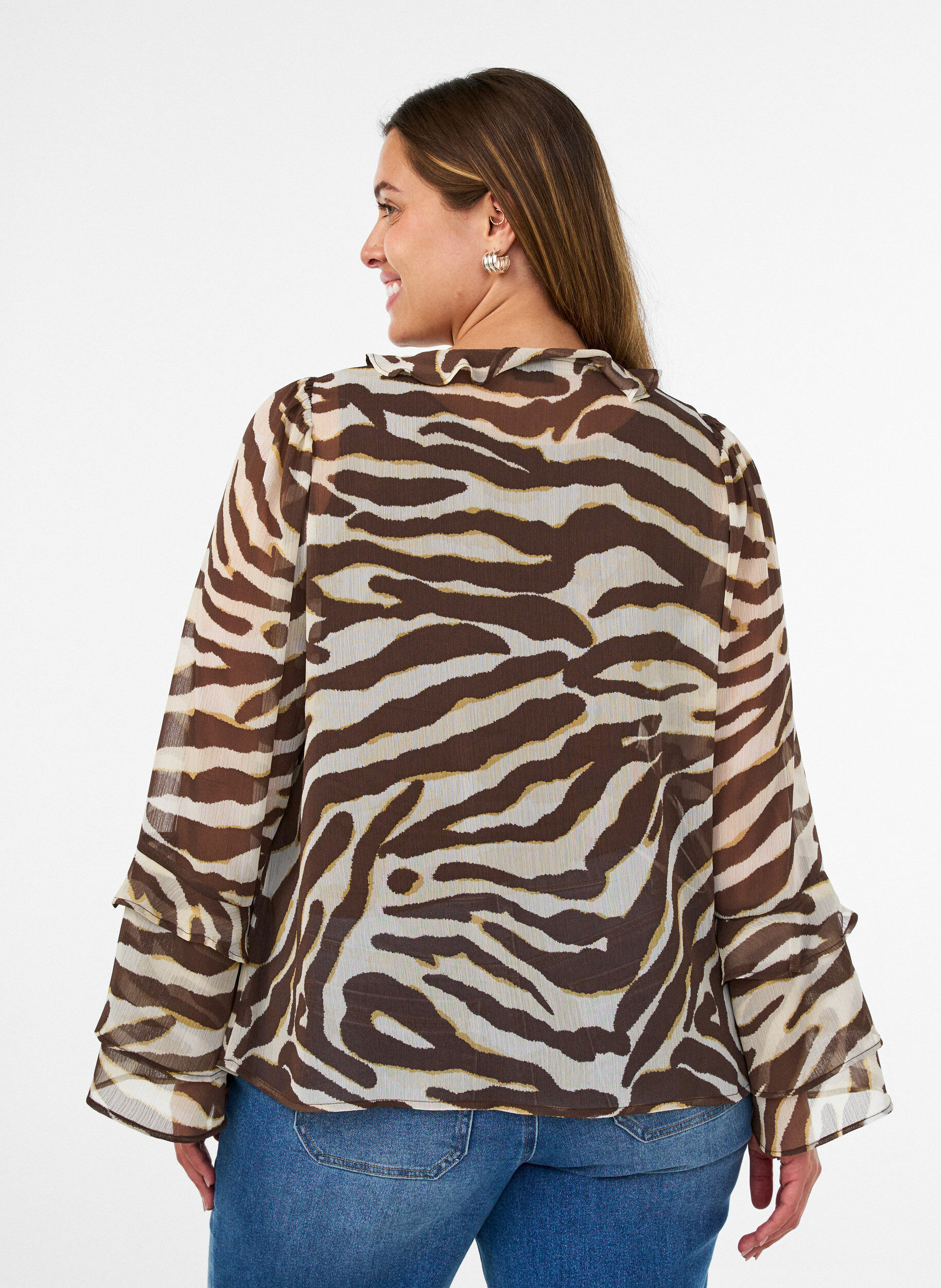 ZizziBlouse en mousseline avec imprim&eacute; z&egrave;bre et volants, Marron, Model image number 2