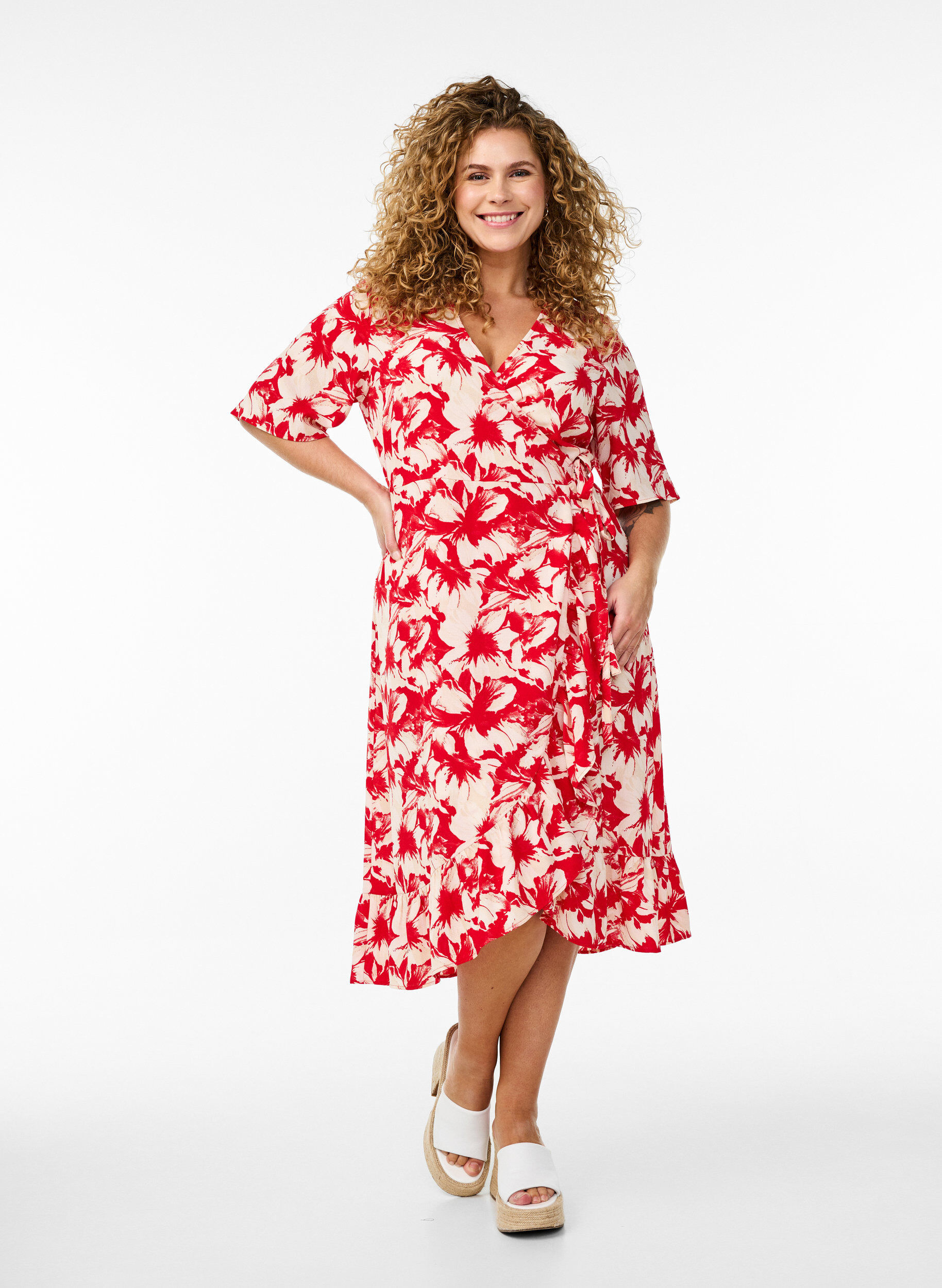 Robe portefeuille &agrave; manches courtes avec imprim&eacute;, Rouge, Model