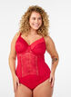 Body avec d&eacute;tails en dentelle et satin, Rouge, Model image number 0