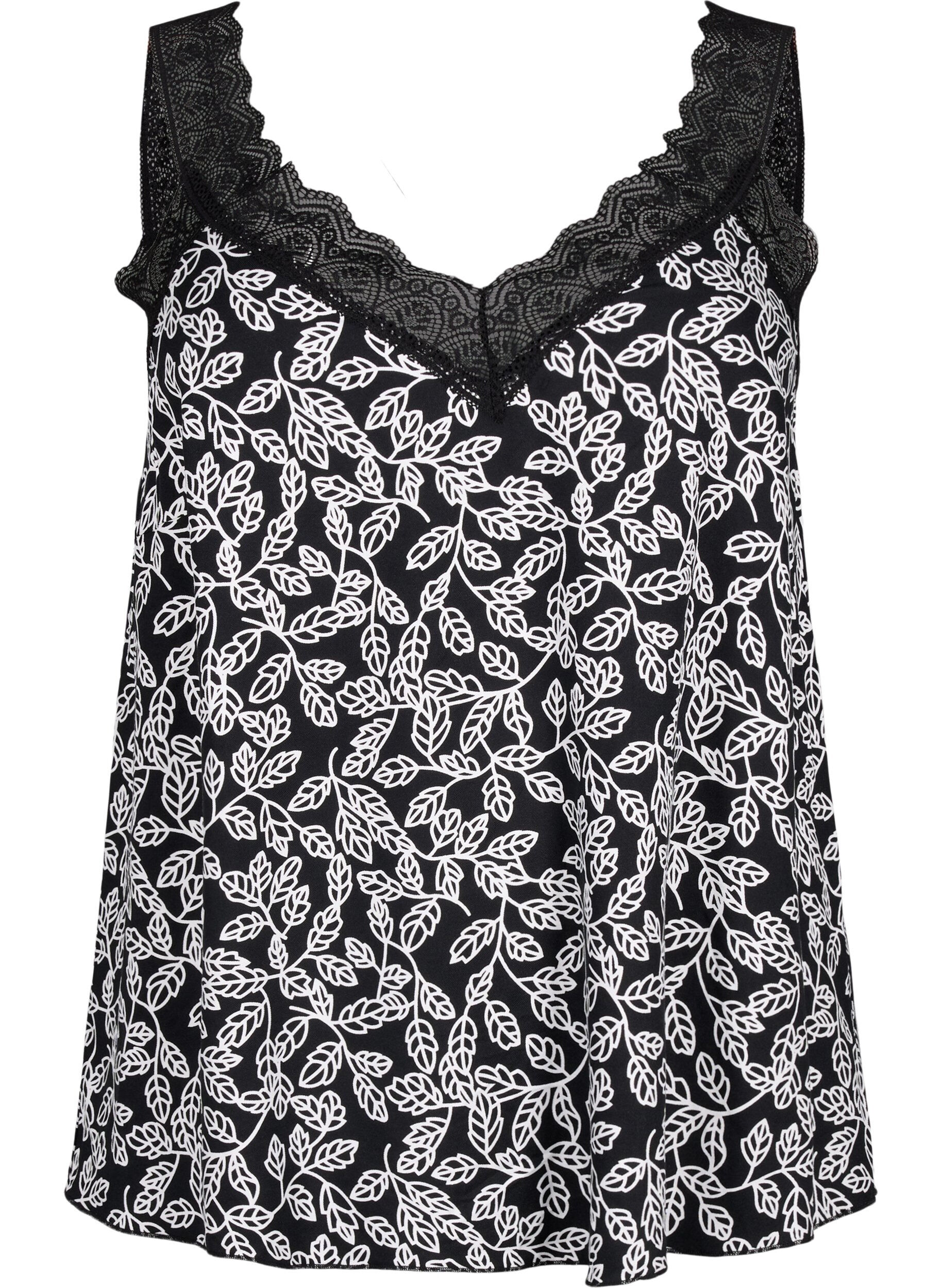 Zizzi Haut en dentelle en viscose, Black w. Wh.Leaf AOP, Packshot image number 0