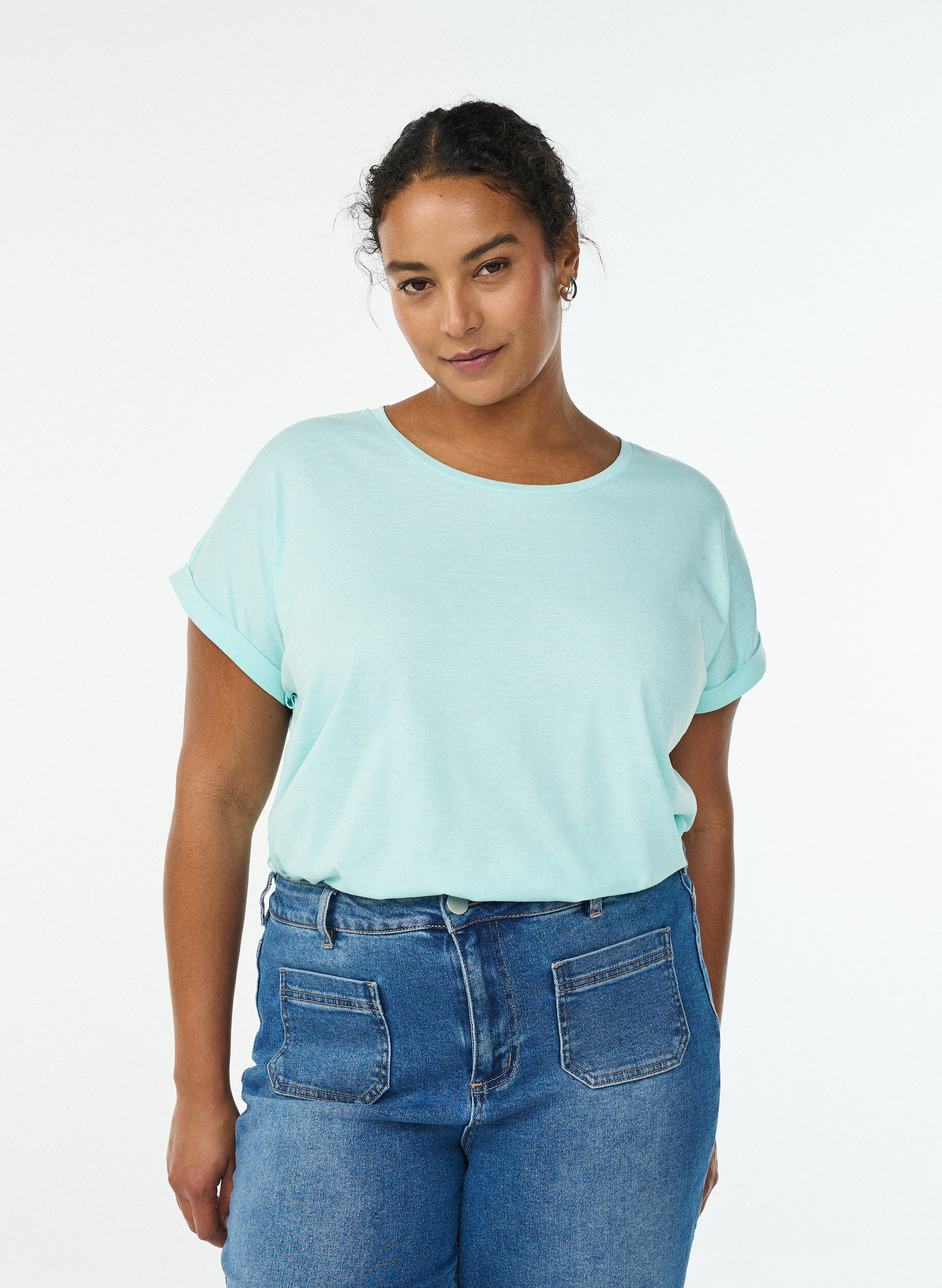 T-shirt &agrave; manches courtes en coton m&eacute;lang&eacute;, Turquoise, Model