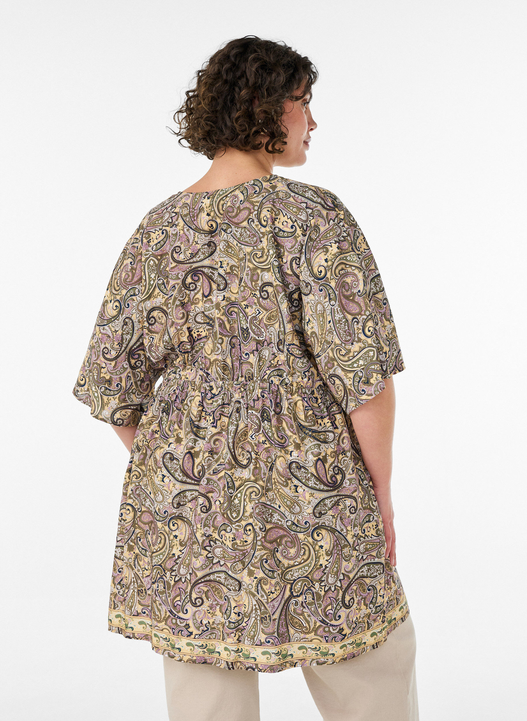 ZizziTunique en viscose &agrave; imprim&eacute; cachemire et lien &agrave; nouer, Jaune, Model image number 2