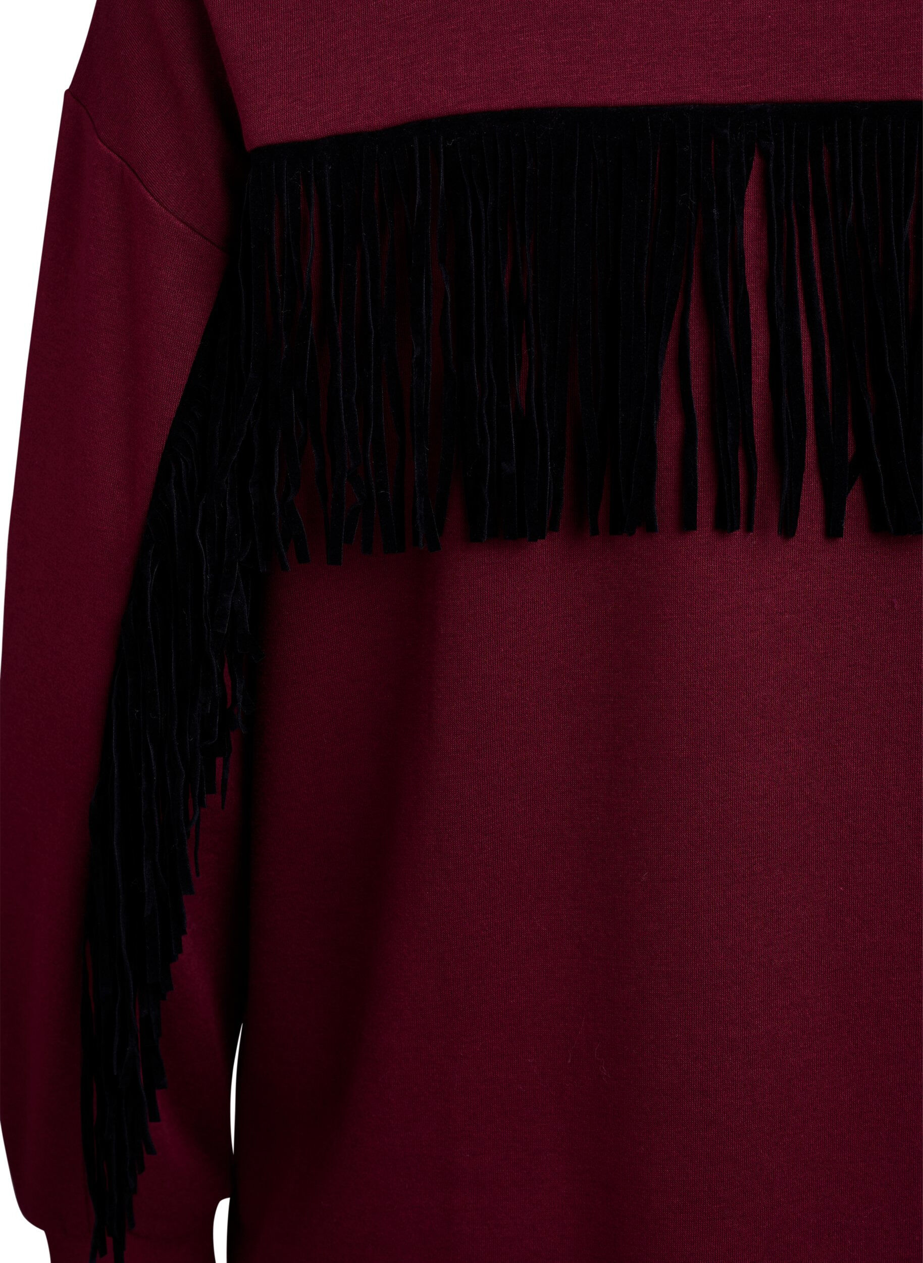 Zizzi Robe sweat mi-longue avec franges, Bordeaux fonc&eacute;, Packshot image number 3